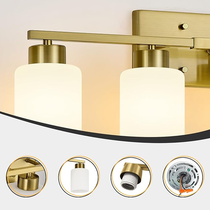 Brushed Gold Bathroom Light Fixtures, 4-Light Modern Vanity Light Over Mirror, Wall Sconces with Milky White Frosted Glass Shades, E26 Socket (Bulbs Not Included)