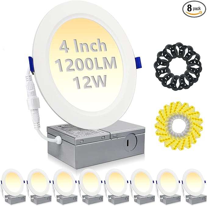 HiBay 8 Pack 4 Inch LED Recessed Lighting, 1200lm 12W=150W, 5CCT Ultra-Thin Recessed Lights, Ceiling Canless Light Fixtures, Dimmable Wafer Downlights -ETL and Energy Star Certified