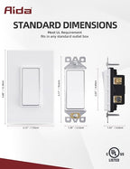 Aida 20 Pack 3 Way Switch, Decorative Screwless Wall Plate,Three Way15Amp, 120/277 Volt Paddle Switch, Self-Grounding, Residential and Commercial Grade, UL Listed,Matte White