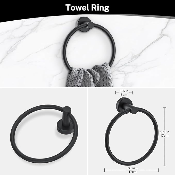 4-Piece Matte Black Bathroom Hardware Accessories Set,Black Towel Ring Set Toilet Paper Holder,Robe Hooks,Stainless Steel Wall Mounted Rustproof Modern Bathroom Set
