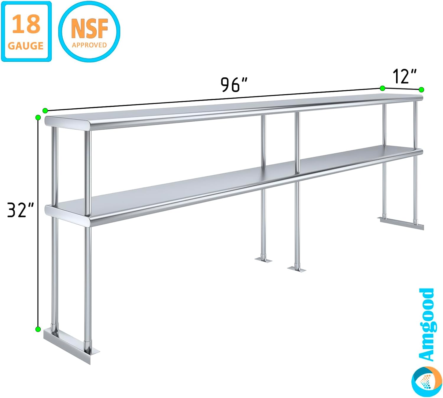 AmGood Double OverShelf Stainless Steel NSF - Many (96" Long x 12" Deep)