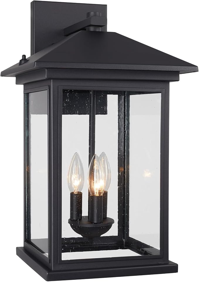 Treekee Large Outdoor Wall Light Fixture, 20 Inch Square Wall Lantern, 3- Light Exterior Sconce Lights, Porch Mount Lighting with Seeded Glass, Modern Black Lamps for Patio Front Door Entryway