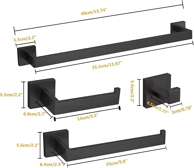 4-Piece Bathroom Hardware Set, Towel Rack Towel Bar Towel Holder Toilet Paper Holder Matte Black Towel Hooks Modern Square Stainless Steel Wall Mounted Bathroom Accessories Set (16inch)