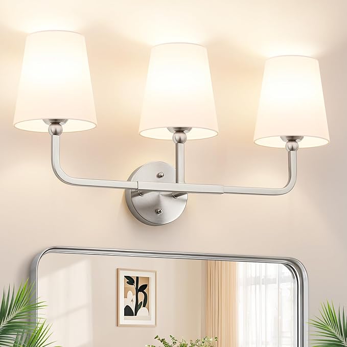 Bathroom Light Fixtures, 3-Light Brushed Nickel Vanity Lights, Bathroom Lighting Fixtures Over Mirror with Flared White Fabric Shade, Modern Wall Sconces for Living Room Hallway