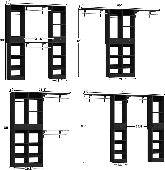 Unikito 58 - 90 Inch Closet System, Large Walk in Closet Organizer with 3 Hanging Rods and Shelves, Heavy Duty Wood Closets Wardrobe with 2 Drawers & Shoe Rack, Sturdy Reversible Clothing Rack, Black