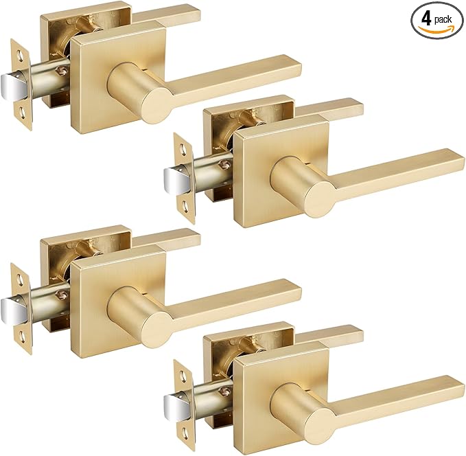 EHOMEWARE 4 Pack Passage Door Knobs, Satin Brass Door Handles Keyless Closet Door Knobs, Interior Door Handle in Gold Finish, Heavy Duty Modern Door Levers