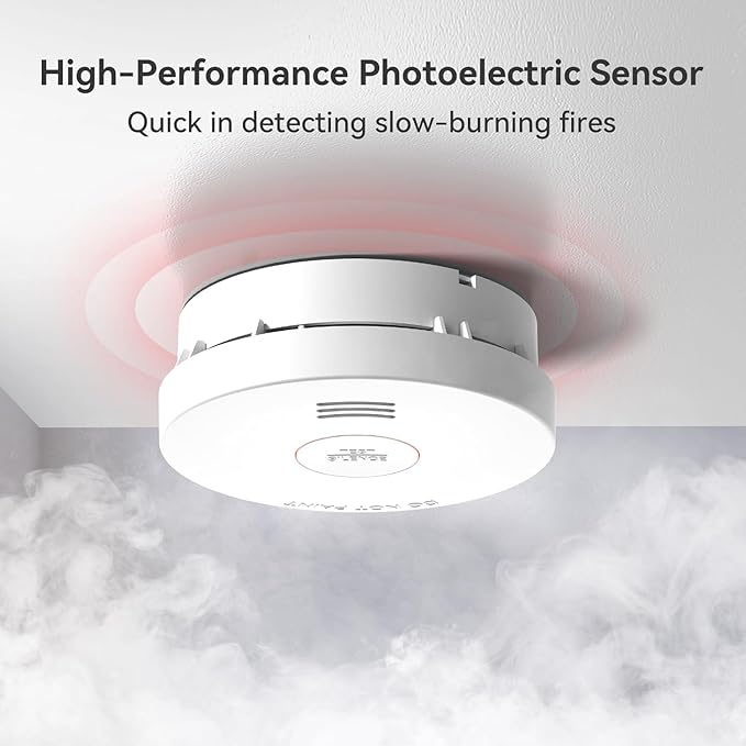 Jemay Smoke Detector,10 Year Battery Powered Photoelectric Smoke Alarm Fire Detectors with Self-Check & Fault Warning Function, UL217-9th Listed Fire Alarm for Home, 5 Packs