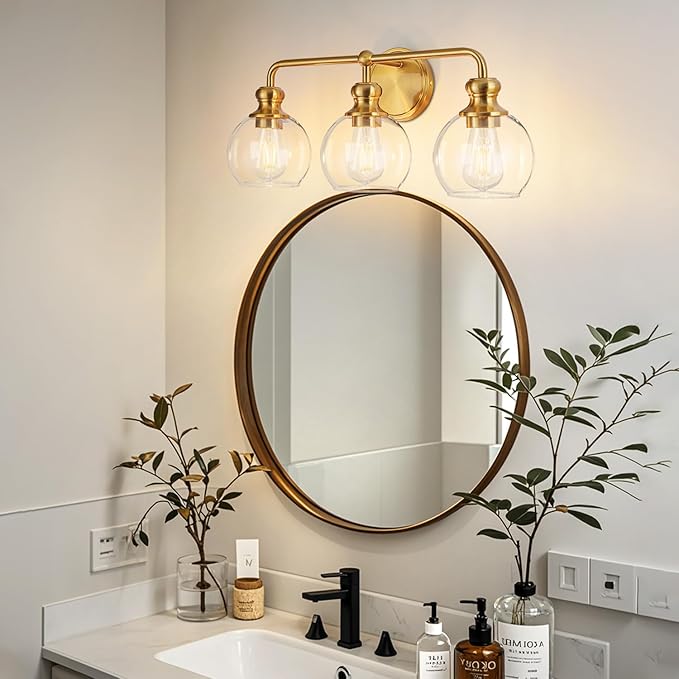 Gold 3-Light Bathroom Vanity Fixture with Clear Glass Shades Modern Wall Lamp Suitable for Bathrooms, Dressing Rooms