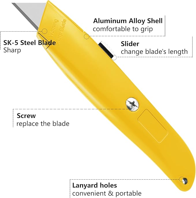 DIYSELF 30 Pack Box Cutter Heavy Duty Aluminium Shell Utility Knife | SK5 Steel Sharp Blade | Retractable Knife for Cutting Cartons Ropes and Cardboard | Home and Office Use (Yellow)