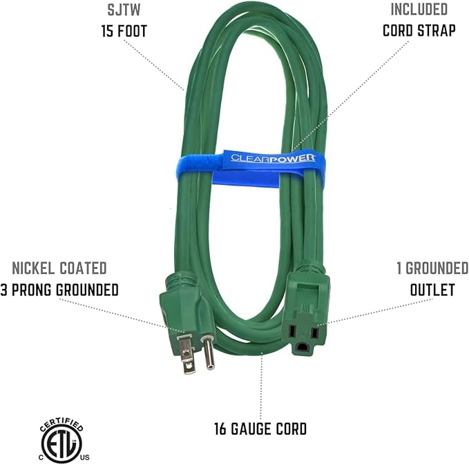 Clear Power Outdoor Extension Cord - 15 FT, Green | Lawn & Garden, 16/3 SJTW, Water & Weather Resistant, Flame Retardant, 3 Prong Grounded Plug, Perfect for Christmas and Holiday (CP10198)