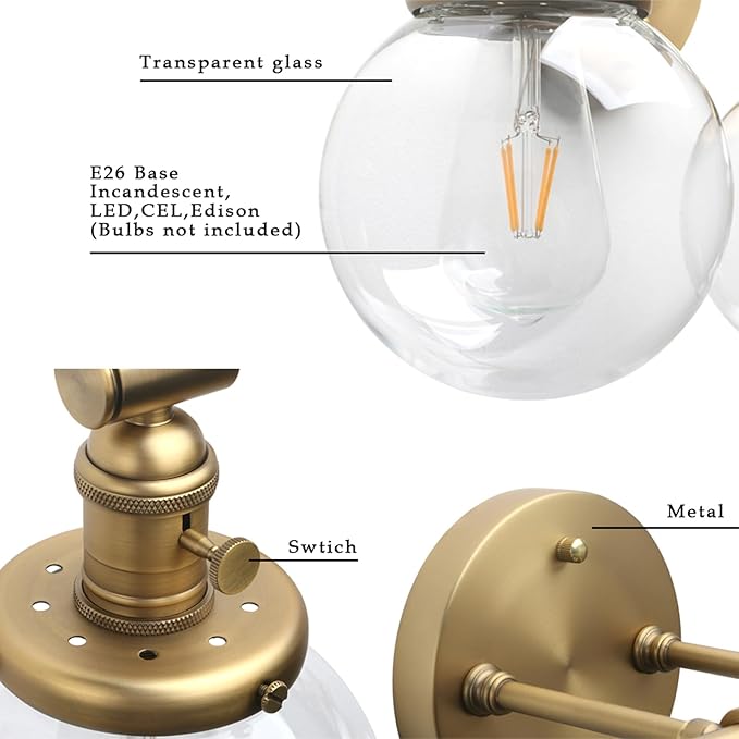 Phansthy 3-Light Wall Sconces Antique Brass Vanity Light, Industrial Wall Lamps with On Off Switch and Clear Glass Lampshade, Vintage Wall Lighting for Bathroom Living Room (Antique, Globe Shade)