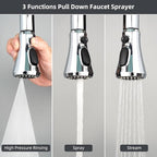 Hibbent Pull Down Spray Head for Kitchen Faucet, 3-Function Kitchen Sink Spray Nozzle with 15 Adapters, Faucet Head Replacement Compatible with Moen, American Standard, Delta, Kohler Faucets, Chrome