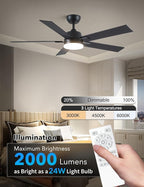 52 Inch Ceiling Fans with Lights and Remote, Black Ceiling Fan with 5 Blades, 6 Speed Reversible DC Motor, 3CCT Dimmable LED, Modern Design for Bedroom, Living room & Covered Outdoor,Includes Downrod