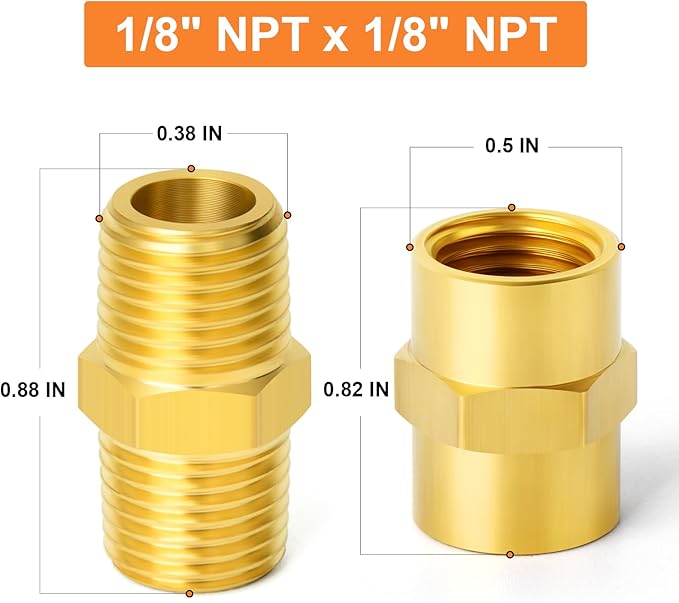 GASHER 12PCS Metals Brass Pipe Fitting, Hex Nipple Brass Hex Coupler, 1/8" x 1/8" NPT Male Thread Pipe, 1/8Inch x 1/8Inch NPT Female Thread Pipe