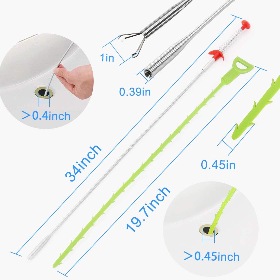Omont Snake Drain Hair Clog Remover Tool,34 Inch Stainless Steel Claw and 3 Pack 19. 7 Inch Plastic Sink Unclogger Tool, Sink Drain Cleaner for Kitchen, Sink Bathroom, Tub Toilet Green (3+1)