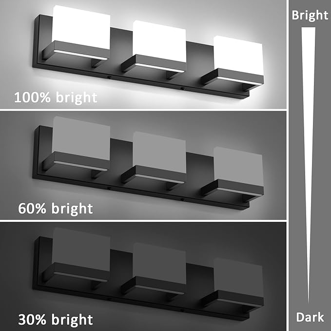 Tipace 3 Lights Black Dimmable LED Vanity Light for Bathroom Up and Down Black Modern Bathroom Wall Light Fixtures Over Mirror(White Light 6000K)