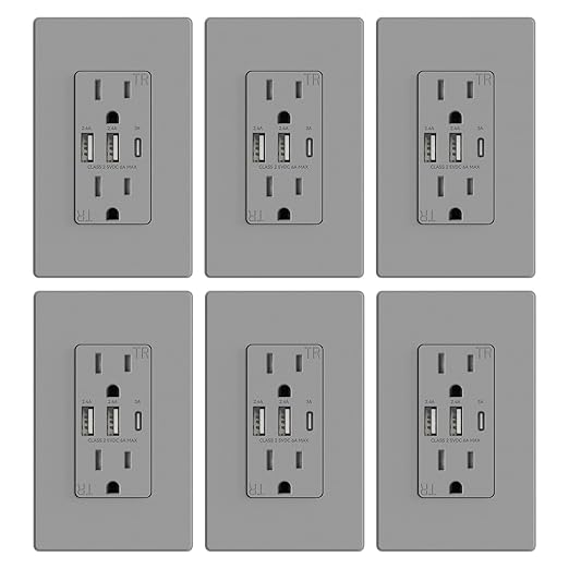 ELEGRP USB Outlets Receptacles, 3-Port Wall Outlet, 30W 6.0A Electrical Outlet, 15 Amp Tamper-Resistant Outlet with Type C Ports, UL Listed, Screwless Wall Plate Included, 6 Pack, Matte Gray