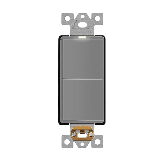 LIDER Minimalist Design Matte Finish Lighted Double Switch, Combination Frameless Decorator Switch with Locator Light, Ground Terminal, Single Pole, 15A 120V-277V, UL Listed, LCS2-1P-GY, Gray