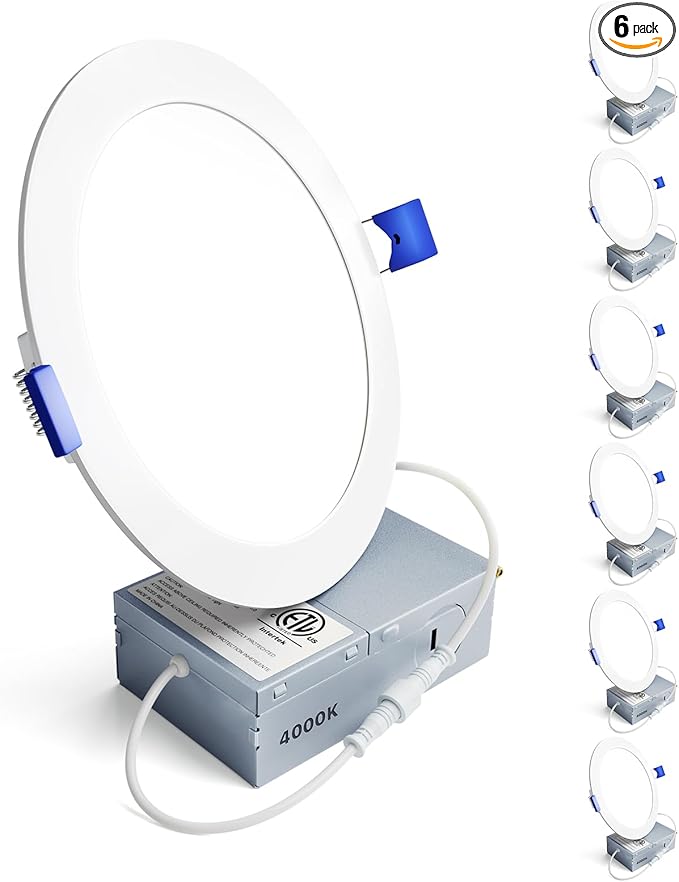 Ensenior 6 Pack 6 Inch LED Recessed Light, Dimmable, 4000K Cool White, 1050LM High Brightness, 12W 120V, Damp Rated, Ultra-Thin Canless Wafer Ceiling Light - ETL & FCC & IC