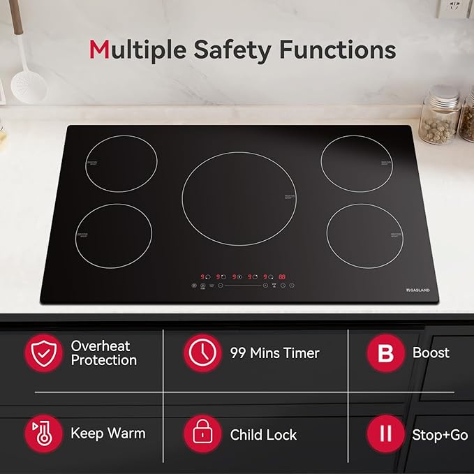 GASLAND 36 Inch Induction Cooktop 5 Burners, 7400W Built-in Induction Stovetop with Booster and Timer, 220-240V Electric Hob, 9 Power Levels, Senor Touch Control, Child Safety Lock, Hard Wire