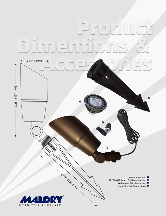 MALORY Brass Landscape Spotlight 4-Pack with Bulb(S01), Low Voltage 12V AC/DC LED Outdoor Landscape Lighting,PVC Ground Stake and Wire Connector Included, Garden Patio Trees Spot Uplight