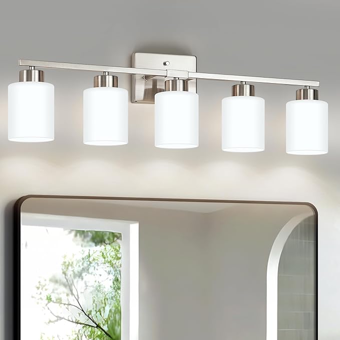 Brushed Nickel Bathroom Light Fixtures, 5-Light Modern Vanity Light Over Mirror, Wall Sconces with Milky White Frosted Glass Shades, E26 Socket (Bulbs Not Included)
