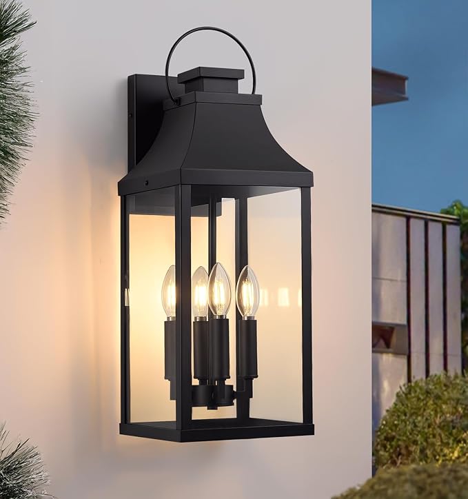 tewei 22'' Large Outdoor Wall Light, Porch Light Outdoor Wall Sconce Lantern, 4-Light Modern Black Exterior Lighting Fixture Wall Mount, Outside Light for House Garage, 1-Pack