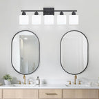 5-Light Black Bathroom Vanity Light, Black Vanity Light with Milky White Frosted Glass Shades, Modern Vanity Light Fixture for Bathroom Mirror, Bedroom, Living Room, Hallway, Vanity Table, E26 Base