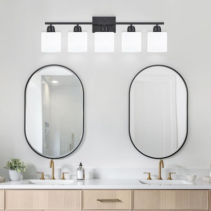 5-Light Black Bathroom Vanity Light, Black Vanity Light with Milky White Frosted Glass Shades, Modern Vanity Light Fixture for Bathroom Mirror, Bedroom, Living Room, Hallway, Vanity Table, E26 Base