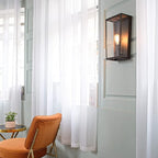 GLOBE Electric 44788 Greer 1-Light Outdoor Wall Sconce, Matte Black, Faux Wood Accents, Clear Glass Shade