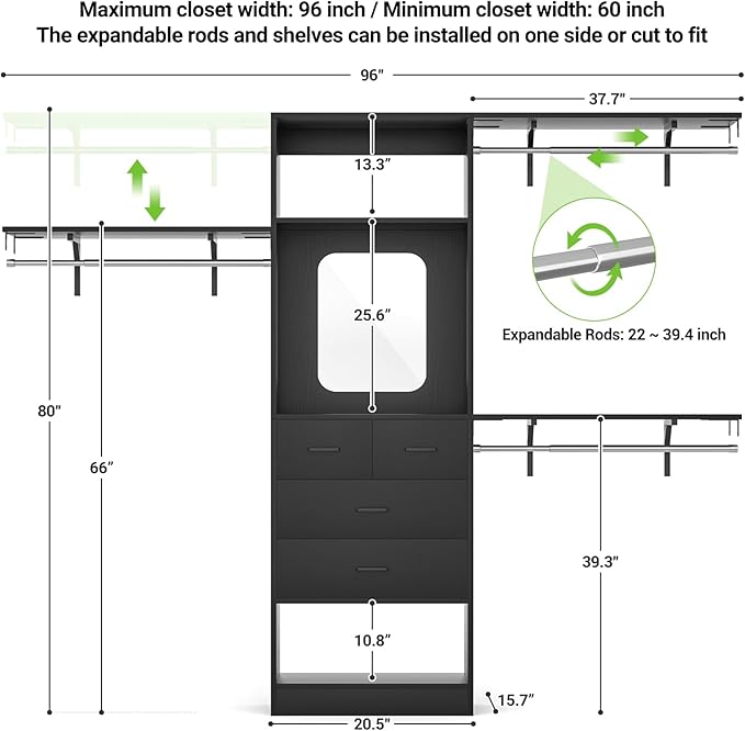 Unikito 8FT Closet System with 4 Drawers, 96" Wood Closet Organizer with Mirror and Hanging Rods, Sturdy Walk in Wardrobe Closet Insert with Tower, 96" W x 16" D x 80" H (Can Be Cut To Fit), Black
