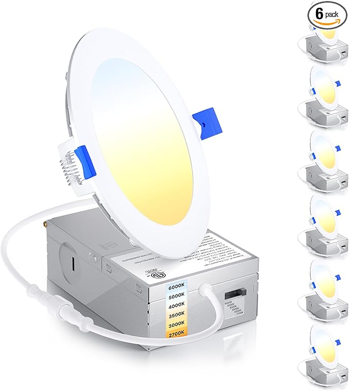 Ensenior 6 Pack 4 Inch Ultra-Thin LED Recessed Light with Junction Box, 2700K-6000K Selectable, 9W 75W Eqv, Dimmable, 750LM High Brightness - ETL Certified