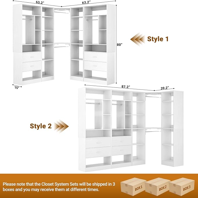 Large Corner Closet System with 3 Sets, 87.2" Closet Organizer System with 4 Drawers & 4 Hanging Rods, Reversible L Shaped Walk-in Closets, Load 2000+LBS, White (87.2" L x 39.2" W x 80" H)
