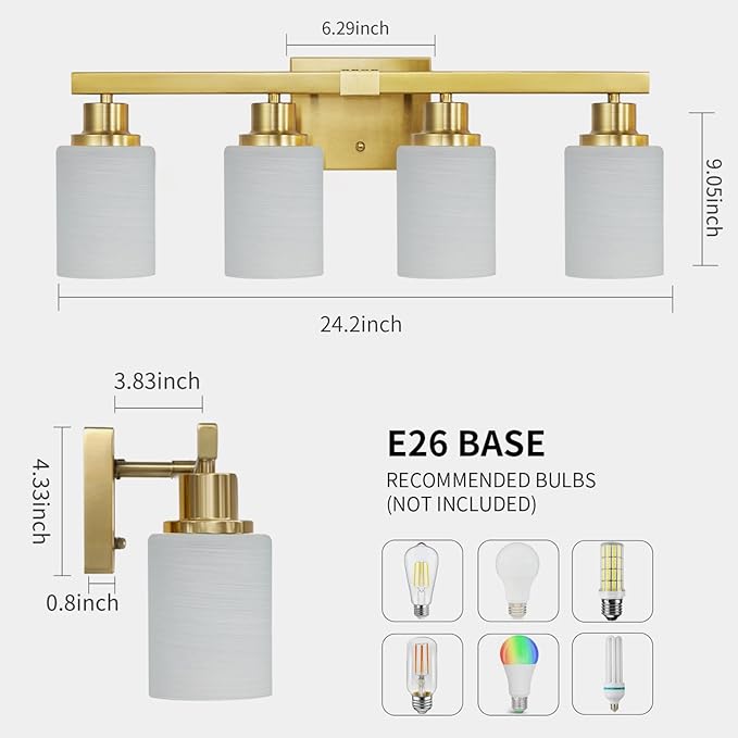 4-Light Gold Vanity Light, Modern Gold Bathroom Light Fixtures Over Mirror with Milky White Glass Shade, Bath Wall Mount Lights Wall Lamp for Mirror Bedroom, Living Room Hallway Kitchen