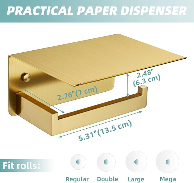 Toilet Paper Holder with Shelf Brushed Gold, APLusee SUS 304 Stainless Steel Modern Bathroom Accessories Tissue Roll Dispenser Storage