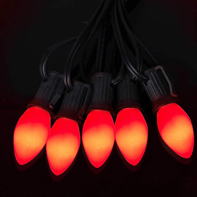 Abeja C7 Red Replacement Bulbs, 25 Pack C7 Red Replacement Bulbs, 5W Vintage Ceramic Bulbs for Outdoor Indoor Patio Christmas Decoration-E12 Candelabra Base