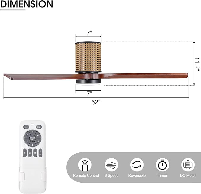 52" Ceiling Fan with Light - Low Profile Flush Mount Ceiling Fan, 6-Speed Remote Control, Solid Wood, Quiet Reversible DC Motor,Walnut/Black Finish, for Bedroom, Living Room, Porch