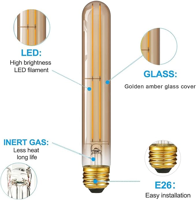 7.3 Inch 2200K Edison Bulbs Amber Dimmable,Vintage Style Decorative Antique Light Bulb,T10 Long Tubular LED Light Bulbs,6W E26 LED Bulb 80 Watt,UL Listed(4 Pack)