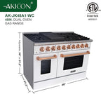 Akicon 48 Inch Freestanding Gas Range - 6.7 cu. ft. Double Rapid Convection Oven - Gas Stove with 8 Sealed Burners & a Griddle, Heavy Duty Cast Iron Grates (White & Copper)