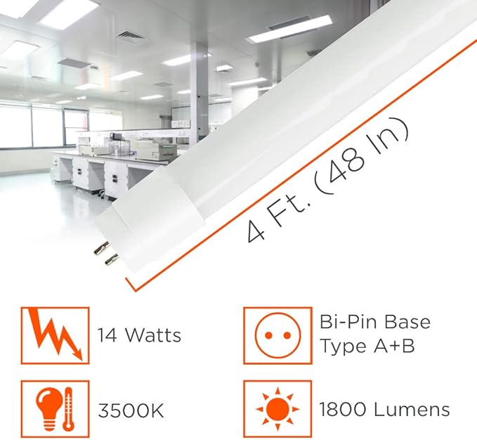 GoodBulb 4-ft T8 LED Tube Lights, 14-Watt (32W Equivalent) 3500K Warm White, 1800-Lumens, 83 CRI, Type A+B Hybrid (Pack of 25)