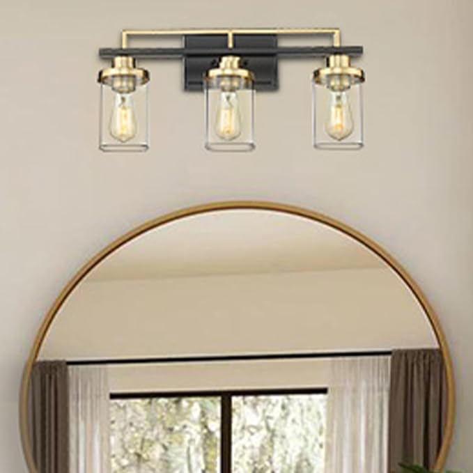 Emliviar 3-Light Bathroom Vanity Light Fixtures - Black and Gold Finish with Clear Glass, YCE238B-3W BK+BG