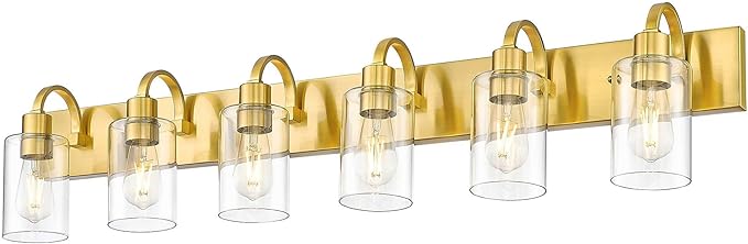 Emliviar Large 6-Light Vanity Lighting for Powder Room, 44.7 Inch Wall Lamp Over Mirror with Clear Glass Shade, Brushed Gold Finish, YCE237B-6W BG
