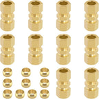 1/2 Inch Compression Fitting,10 Pcs Brass Compression Tube Pipe Fittings, 1/2" OD X 1/2" OD Compression Union Connectors & 10 Pcs Sleeves Ferrules (Pack of 20)