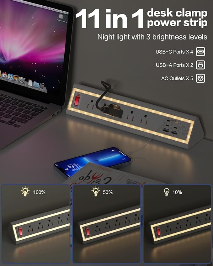 Desk Clamp Power Strip with Nightlight, 40W Fast Charging, 6FT Extension Cord, 4x20W USB-C & 2 USB Ports, 5 AC Outlets, Fits 1.69-Inch Table Edges