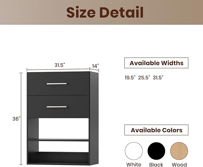 ROOMTEC 31.5" 2 Drawer Short Tower Closet Unit, Modular Closet System with Drawers and Shelf, Wardrobe Organizer for Bedroom or Walk-in Closet, Wall Mounted, Customizable Clothes Storage Unit, Black