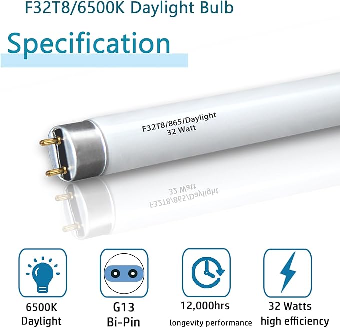 (10pack) 48 inch F32T8/865 Fluorescent Tube Light,4FT 32Watts 6500K Full Spectrum Daylight Bulb,Ra83 High Transparent Replacement for Ceiling Lights,Fish Tank Bulb