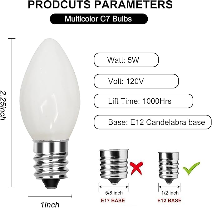25 Pack C7 Ceramic Christmas Replacment Bulbs, White Light Bulbs for E12 Candelabra Base Outdoor/Indoor Christmas String Lights, 5 Watt