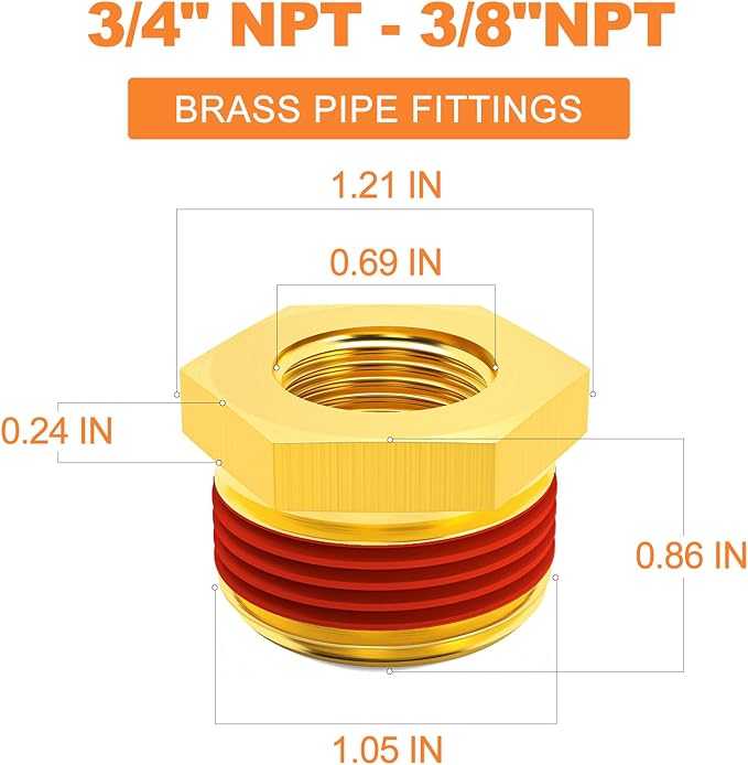 GASHER 5Pcs Brass Reducer Hex Bushing 3/4" NPT Male x 3/8" NPT Female, Brass Threaded Pipe Fitting With Sealant