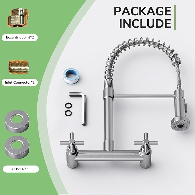 Wall Mount Kitchen Faucet, Hurran Brushed Nickel Kitchen Sink Faucet, 8 Inch 2 Handle Wall Mount Commercial Sink Faucet with Pull Down Sprayer for Kitchen Laundry Room Restaurant