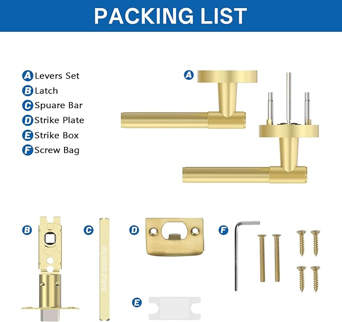 Amerdeco 1 Pack Brushed Gold Door Handles Interior, Knurled Passage Door Handles,Gold Door Lever for Bedroom or Bathroom,Reversible Keyless for Left Right Handed Doors AM0027